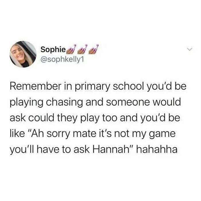 Tweet about childhood memories of playing chasing games with British humor and slang, fitting British humor memes theme.