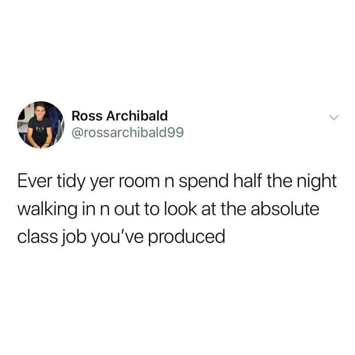 Social media post with British humor meme about tidying a room and admiring the hard work, reflecting British humor memes.