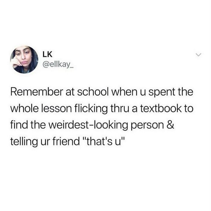 Social media meme about school memories, flicking through textbook, reflecting British humor for meme lovers.