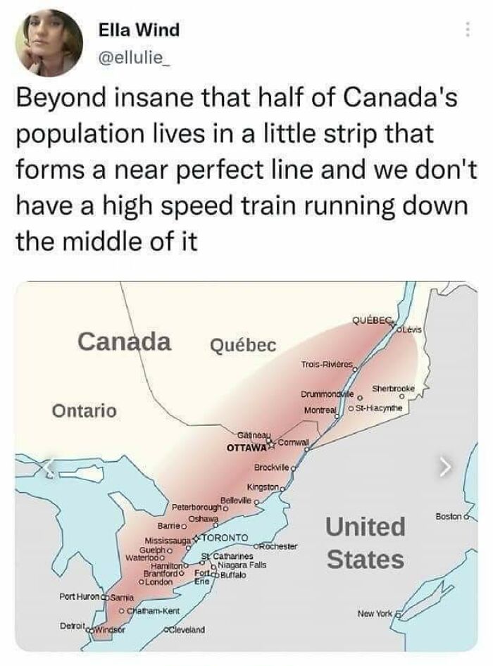Map showing dense population strip in Canada with cities like Toronto and Ottawa, featured in hilarious Canada memes about poutine cravings.