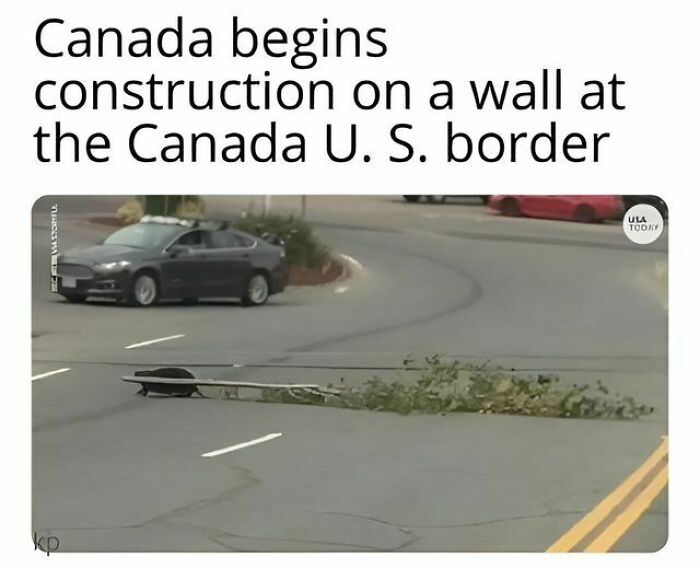 Funny Canada meme showing a fallen street sign on a road, highlighting humorous Canada memes and poutine cravings.