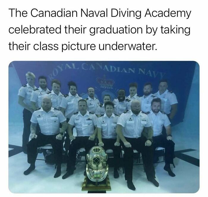 Canadian Naval Diving Academy class in uniform underwater for a graduation photo, a funny Canada meme with a poutine craving theme.