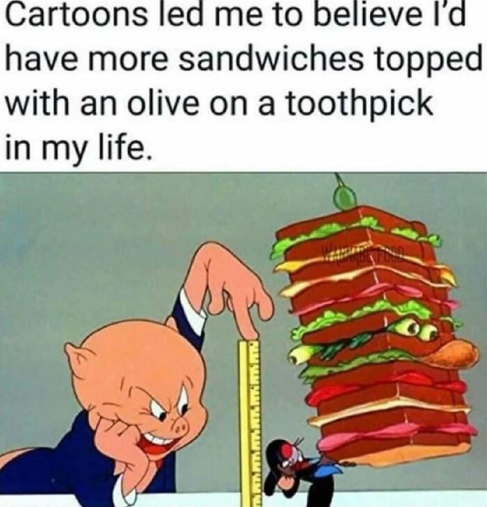 Cartoon character measuring a large sandwich with a toothpick, humorously reflecting love for food and eating memes.