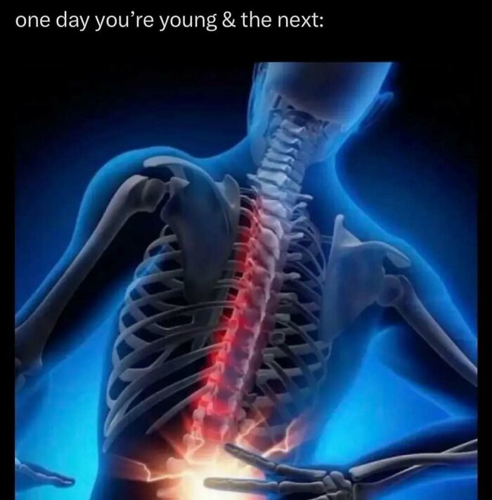 X-ray style image of a human skeleton highlighting spine pain, illustrating memes that relate to existential crisis humor.