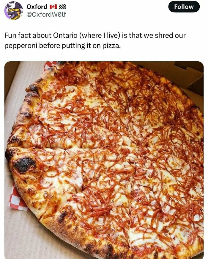 Shredded pepperoni pizza from Ontario featured in a funny Canada meme likely to spark cravings for poutine.