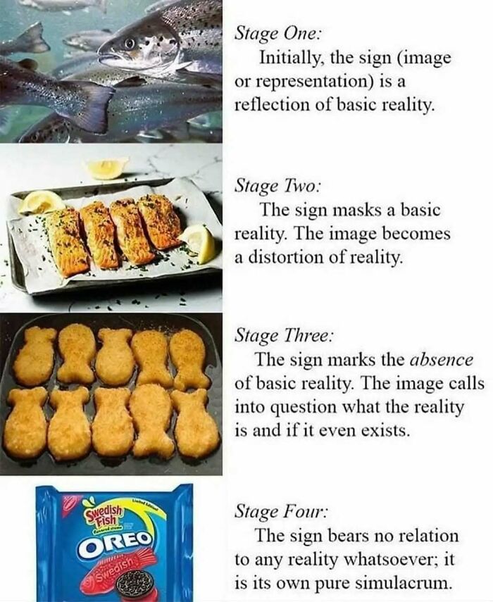 Stages showing fish evolving from real to distorted images, illustrating a concept related to memes and existential crisis.