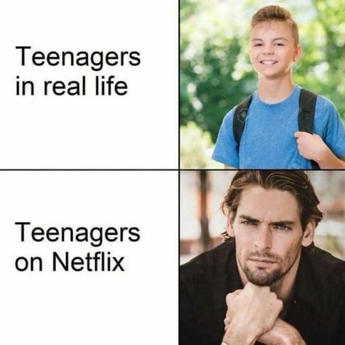 Meme comparing teenagers in real life looking casual versus looking serious on Netflix, highlighting memes and existential crisis.
