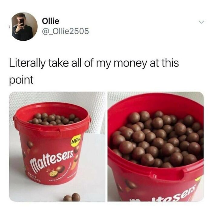 Twitter meme about Maltesers chocolate in a red tub, showcasing British humor lovers' favorite snack indulgence.
