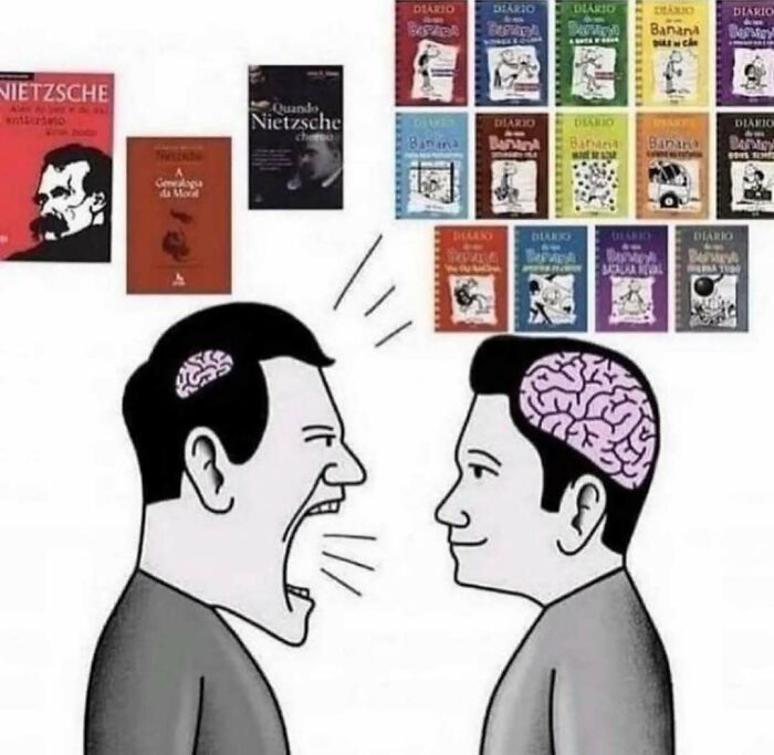 Illustration of two men, one yelling with a small brain and few books, the other calm with a large brain and many books, memes concept.