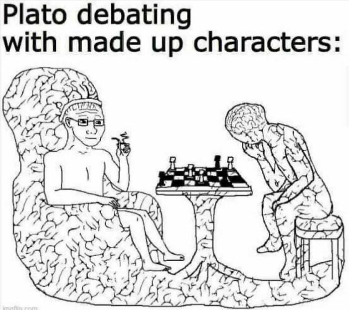 Illustration of two brain-like figures playing chess, symbolizing existential crisis memes and philosophical debates.