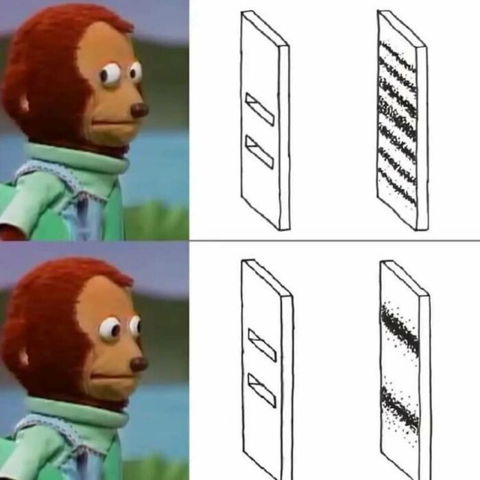 Monkey puppet meme looking confused next to optical illusion drawings in existential crisis memes context.