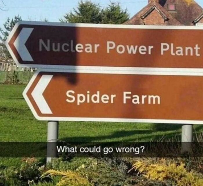 Road signs pointing to nuclear power plant and spider farm with caption expressing existential crisis meme humor.