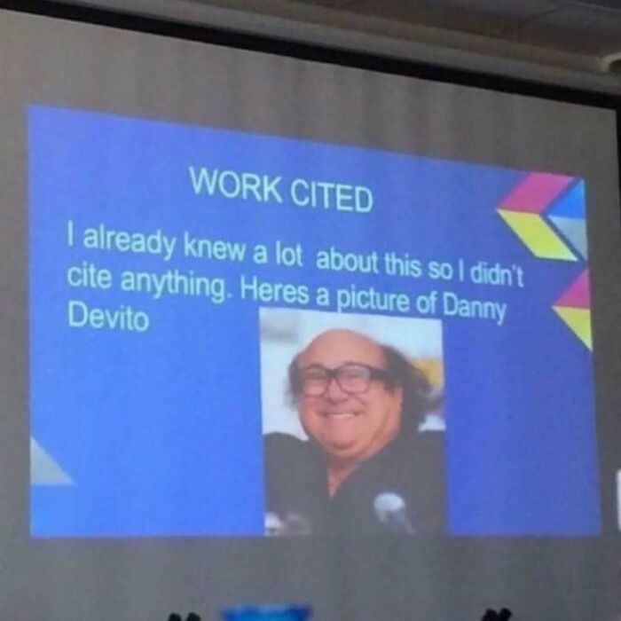Slide with a humorous work cited page showing a picture of Danny Devito, part of memes that might cure or worsen existential crisis.