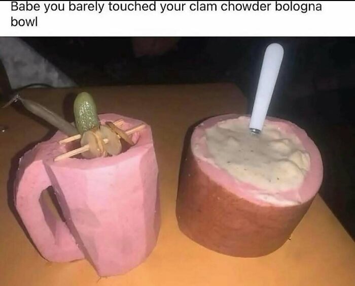 A food meme showing a clam chowder bologna bowl shaped like a mug and cup with funny garnishes.