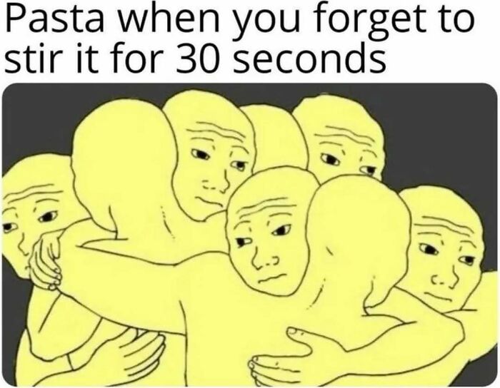 Group of yellow-faced characters hugging with sad expressions, illustrating food and eating memes about pasta mistakes.