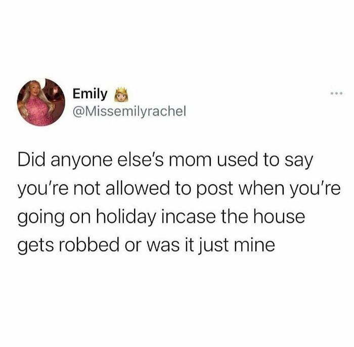 Social media meme about moms warning not to post holiday plans online, reflecting British humor fans’ experience.