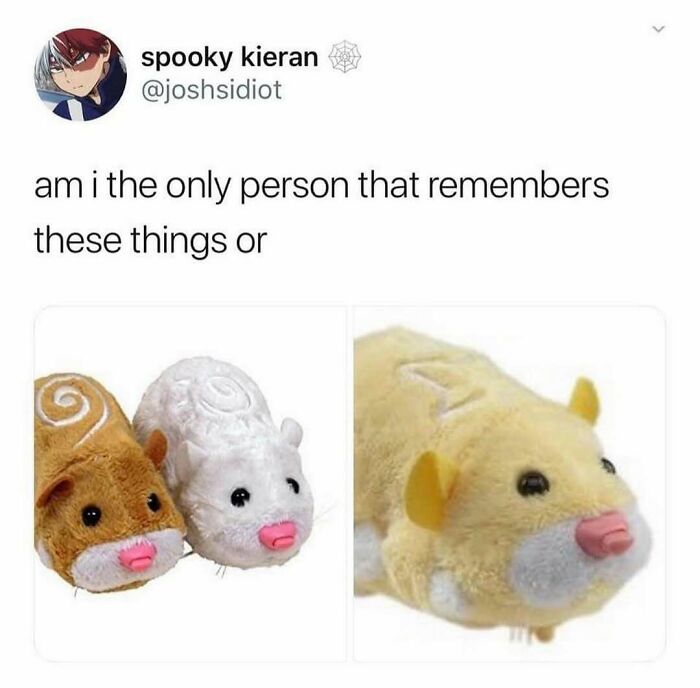 Tweet humor about remembering old plush toys, classic British humor meme with stuffed hamsters and playful text.