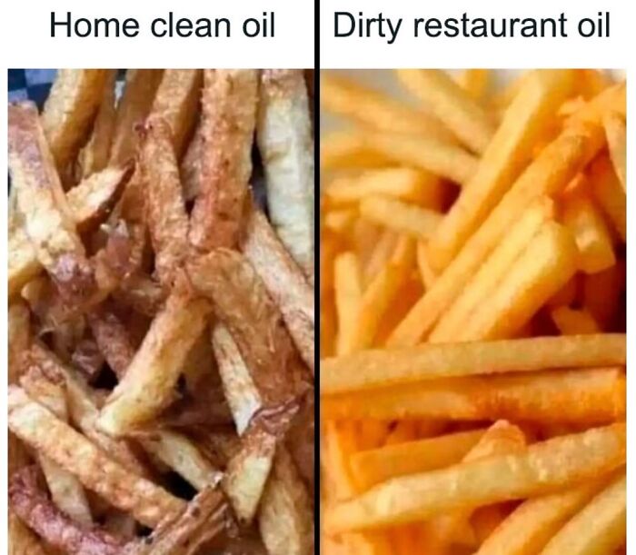 Close-up comparison of home-cooked and restaurant French fries highlighting food and eating humor memes.