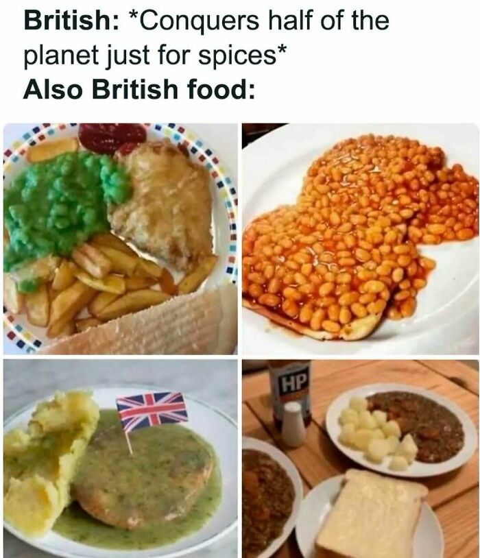 British food meme collage showing traditional dishes with peas, beans, and pies for food lovers and eating enthusiasts.