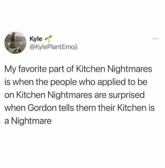 Tweet humor about Kitchen Nightmares surprising applicants, fitting the British humor memes theme for fans of witty jokes.