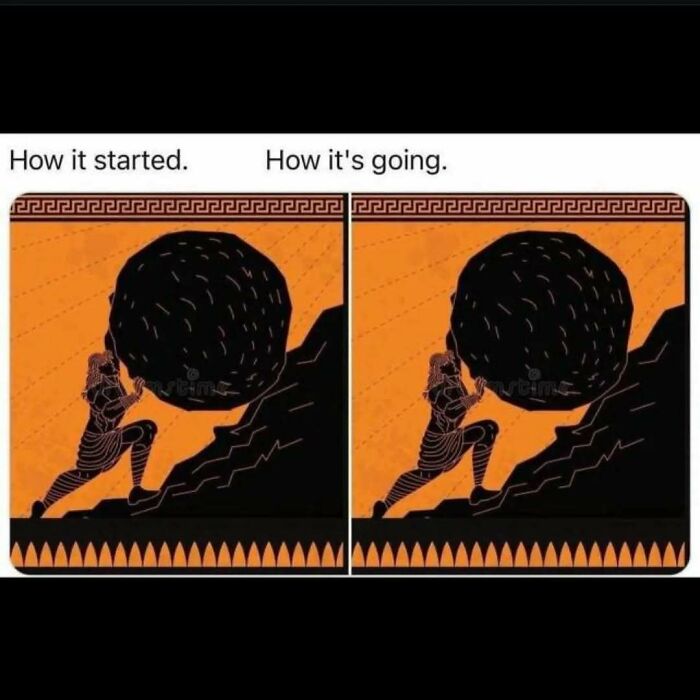 Ancient Greek-style illustration of a figure pushing a boulder uphill, representing an ongoing existential crisis meme.