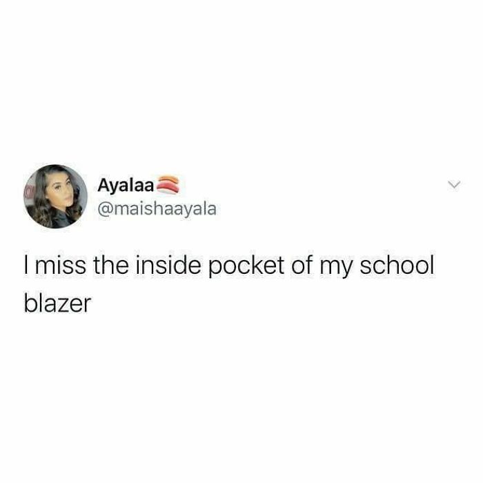 Social media post humor about missing the inside pocket of a school blazer, reflecting British humor memes.