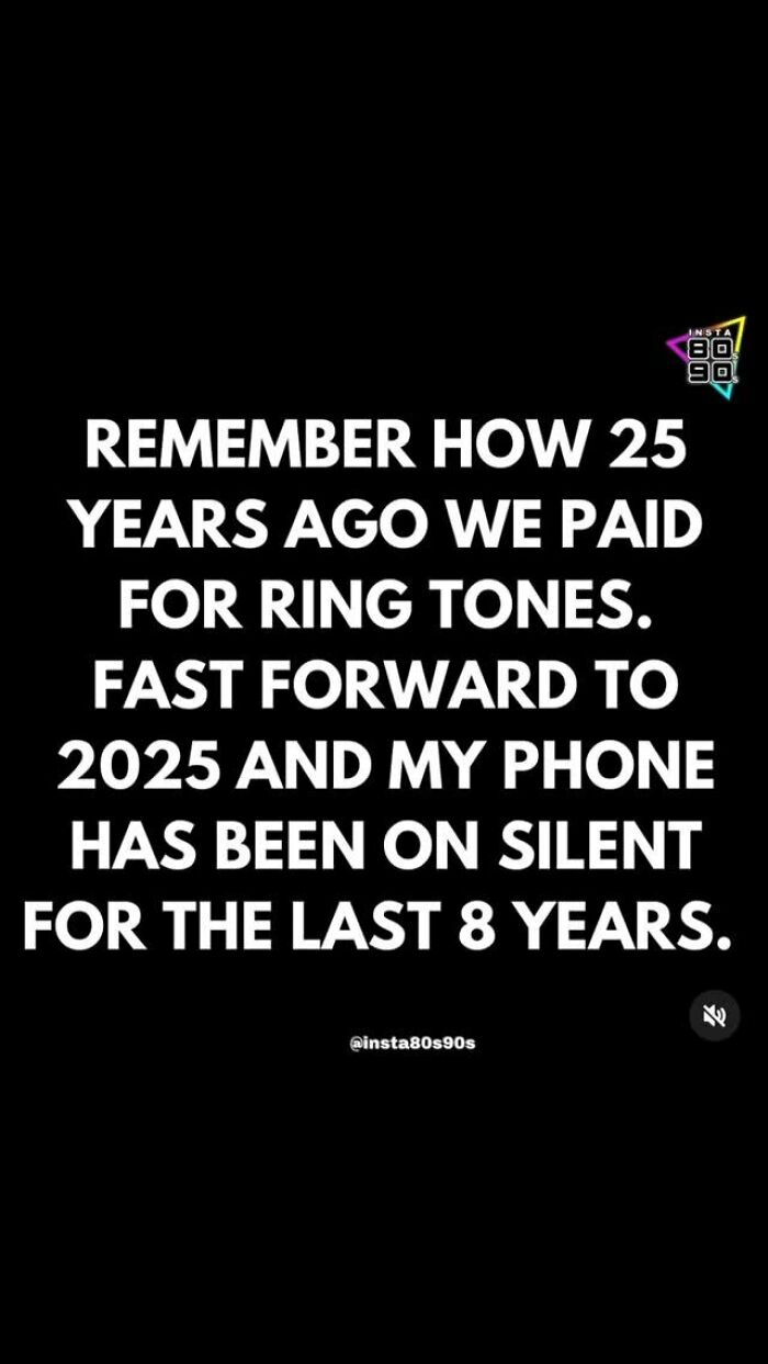 Text post reflecting on 90s nostalgia about paying for ring tones versus modern phone silence trends.