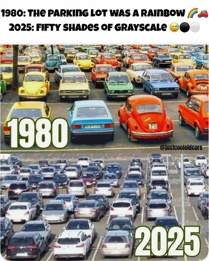1980 colorful parking lot with vintage cars versus 2025 grayscale parking lot showing changes in our lives from the 90s era