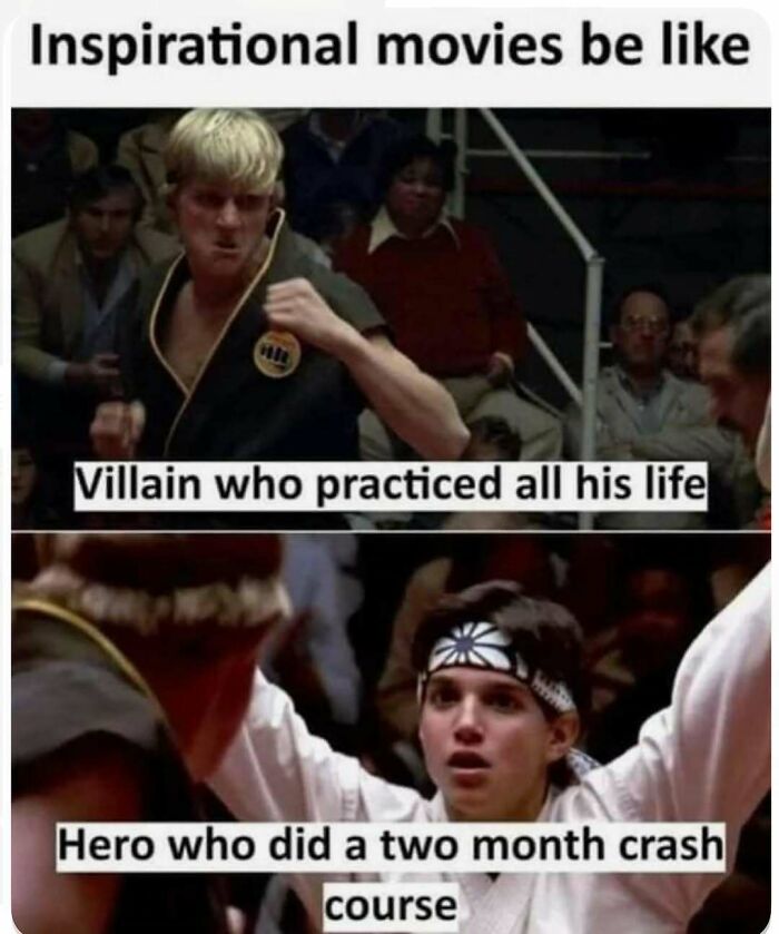 Scene from a 90s movie showing a villain who trained all his life and a hero with a two-month crash course.