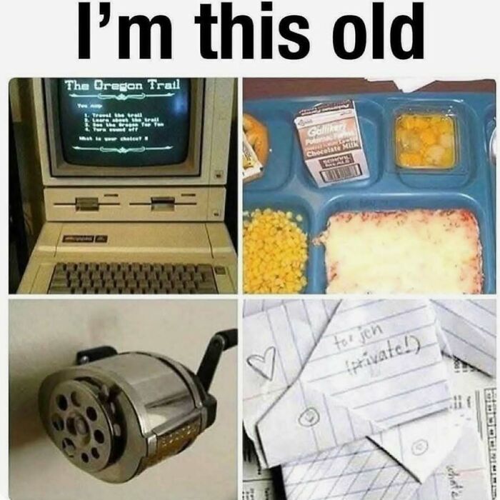Old 90s computer game, school cafeteria lunch tray, manual pencil sharpener, and folded paper notes from the 90s era.