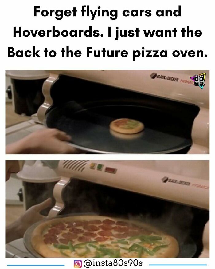 Back to the Future pizza oven from the 90s showing parts of our lives that don’t exist anymore with pizzas cooking.