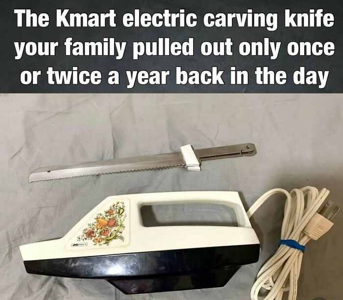 Kmart electric carving knife from the 90s with floral design, showing nostalgic household items no longer used today.