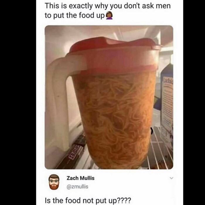 Pitcher filled with spaghetti inside fridge, illustrating a funny food meme about eating and food habits.