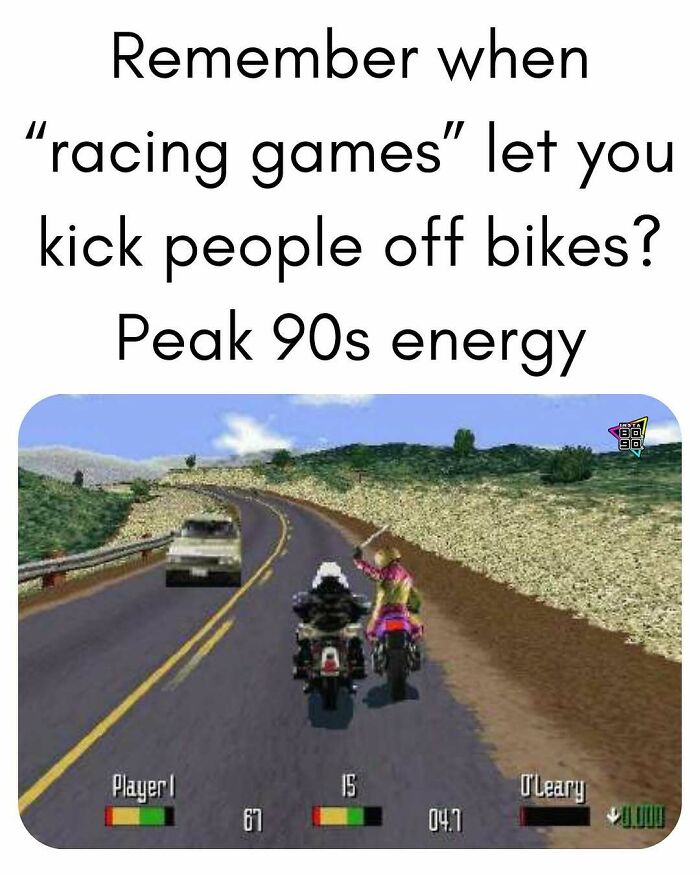 Screenshot of a 90s racing game where players can kick opponents off bikes, showing nostalgic 90s gaming moments.