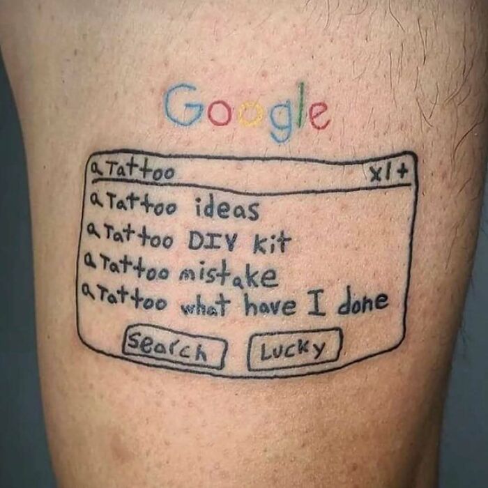 Tattoo fail showing a poorly drawn search engine with phrases about tattoo mistakes and regrets on skin.