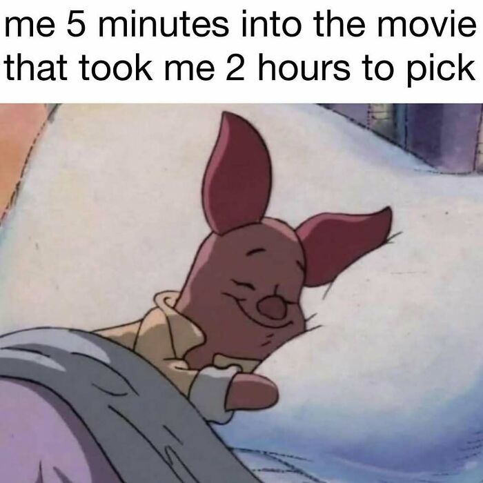 Animated character Piglet lying in bed with eyes closed and smiling, nostalgic 90s posts showing past parts of life.