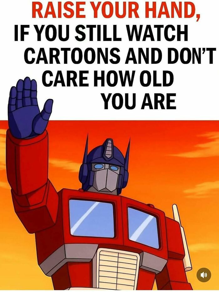 Animated 90s cartoon character raising hand with text about watching cartoons regardless of age, highlighting 90s nostalgia.