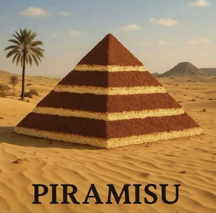 Pyramid-shaped tiramisu dessert in a desert landscape, combining food love and creative eating humor meme.