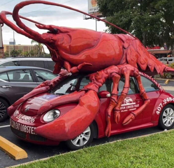 Red car covered with giant lobster sculpture, an unusual and cursed photo that makes absolutely zero sense.