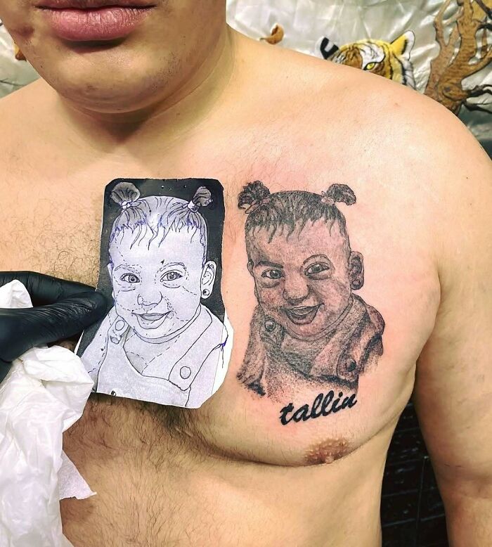 Tattoo fail of a child's portrait on a man’s chest, demonstrating ink regrets and poor tattoo design quality.