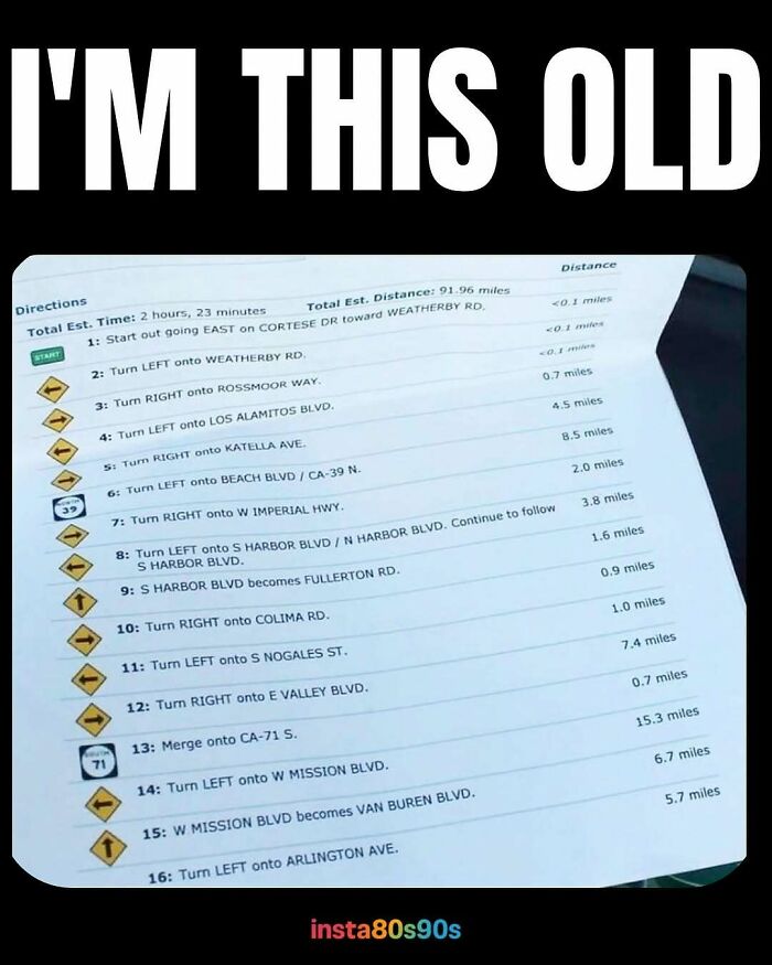 Printed paper map directions with turn-by-turn instructions, showing a part of 90s life that doesn’t exist anymore.