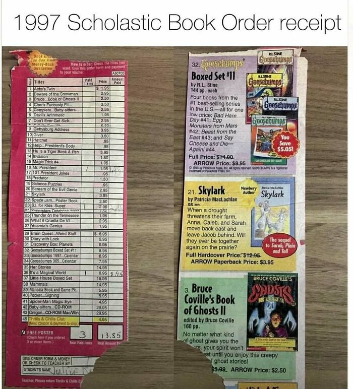 1997 Scholastic book order receipt featuring popular 90s books and series that reflect nostalgic parts of our lives
