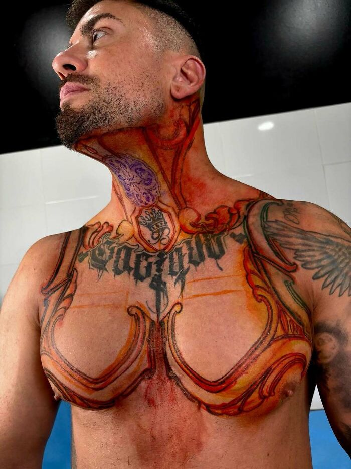 Man with a tattoo fail featuring exaggerated colorful ink on neck and chest, illustrating ink fails and bad ideas regrets.