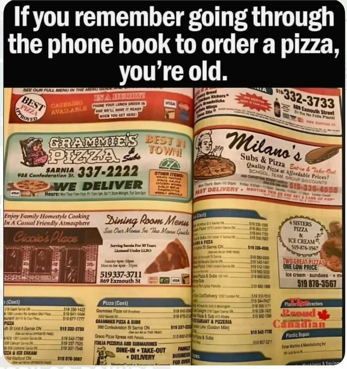 Vintage 90s phone book pizza ads showing outdated ways to order food from local pizzerias.