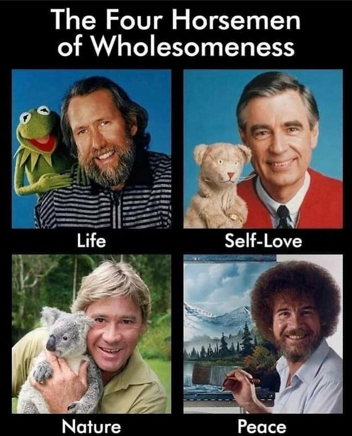 Four iconic wholesome TV personalities from the 90s representing life, self-love, nature, and peace with puppets and animals.