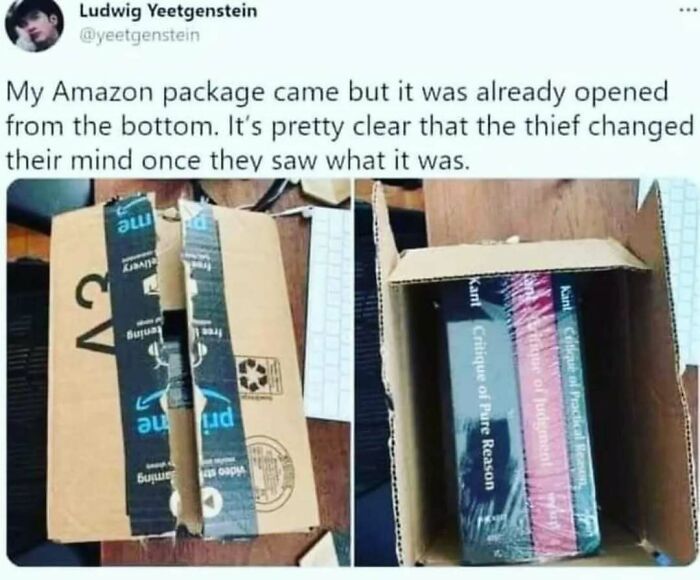 Package opened from the bottom in a meme highlighting an existential crisis with philosophy books inside the box.