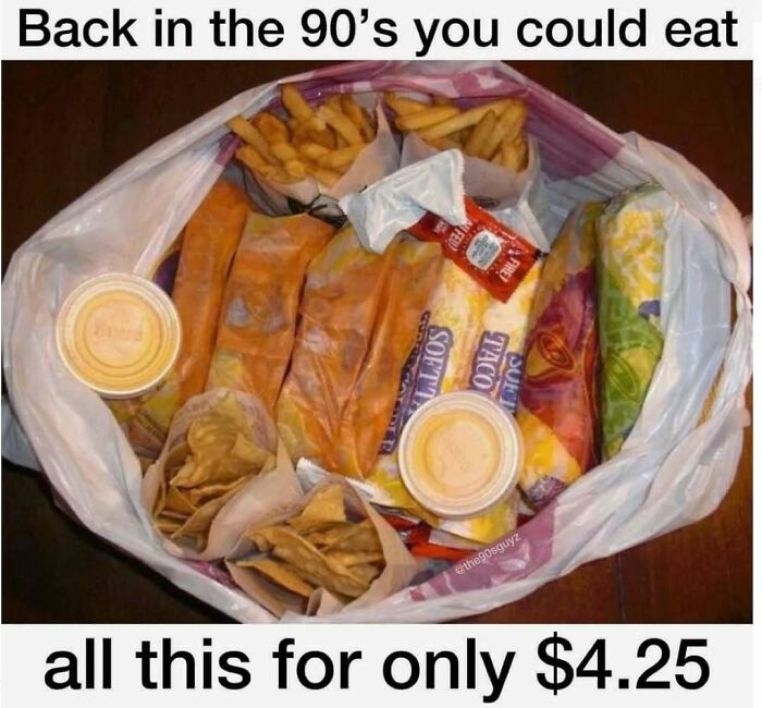 Plastic bag filled with 90s fast food items including tacos, chips, fries, and sauces showing parts of our lives that don’t exist anymore