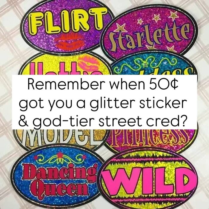 Glitter stickers from the 90s with words like flirt, starlette, model, dancing queen, and wild showing 90s nostalgia.