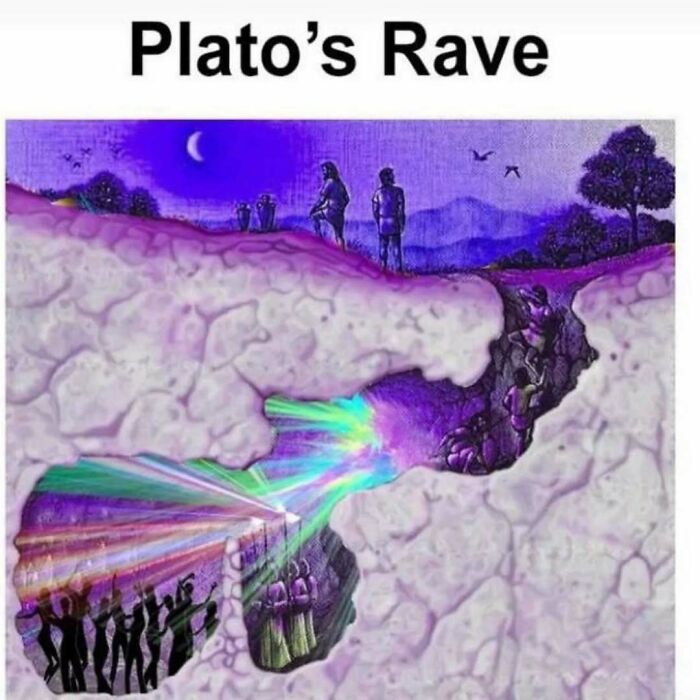 Illustration titled Plato’s Rave showing people above and a colorful rave scene inside a cave, with existential crisis memes theme.
