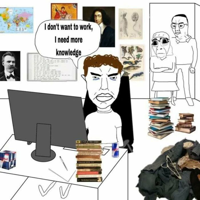 Cartoon of frustrated man at desk surrounded by books and posters, expressing desire for more knowledge in existential crisis memes.